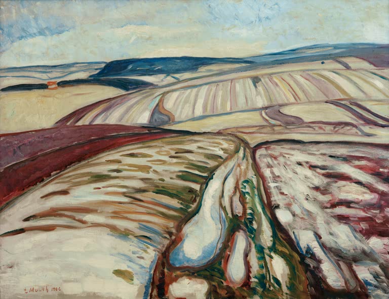 Weite Hügellandschaft mit Äckern und Schneeresten im Tauwetter – Edvard Munch Schneeschmelze bei Elgersburg Kunstkopie