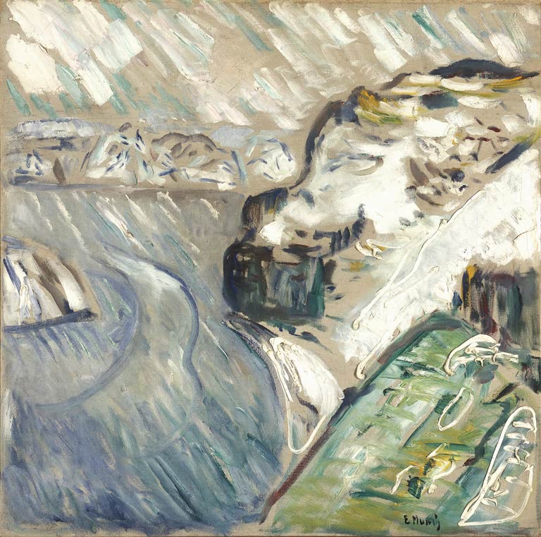 Küste im Schneesturm mit grauem Wasser und weißen Felsen – Edvard Munch Schneesturm am Meer Kunstkopie