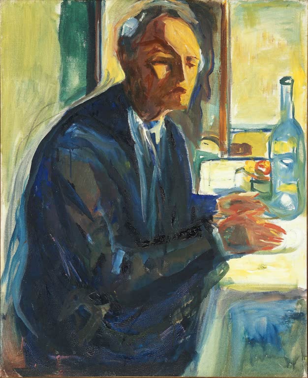 Mann in blauem Anzug am Tisch mit Flasche vor einem Fenster – Edvard Munch Selbstbildnis am Hochzeitstisch Kunstkopie