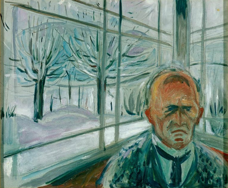 Älterer Mann vor Glasscheiben mit Blick auf verschneite Bäume – Edvard Munch Selbstbildnis auf der Glasveranda Kunstkopie
