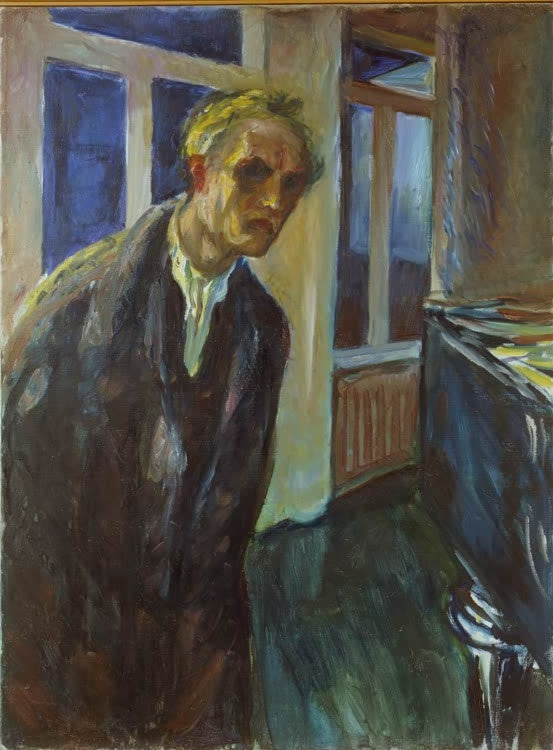 Mann im dunklen Mantel steht in einem Raum mit Fenstern – Edvard Munch Selbstbildnis Der Schlafwandler Kunstkopie