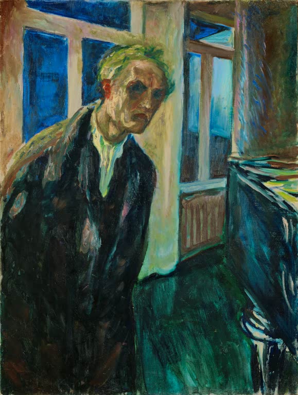 Mann mit grünlichem Haar vor nächtlich blauem Fenster – Edvard Munch Selbstbildnis – Der Schlafwandler Kunstkopie