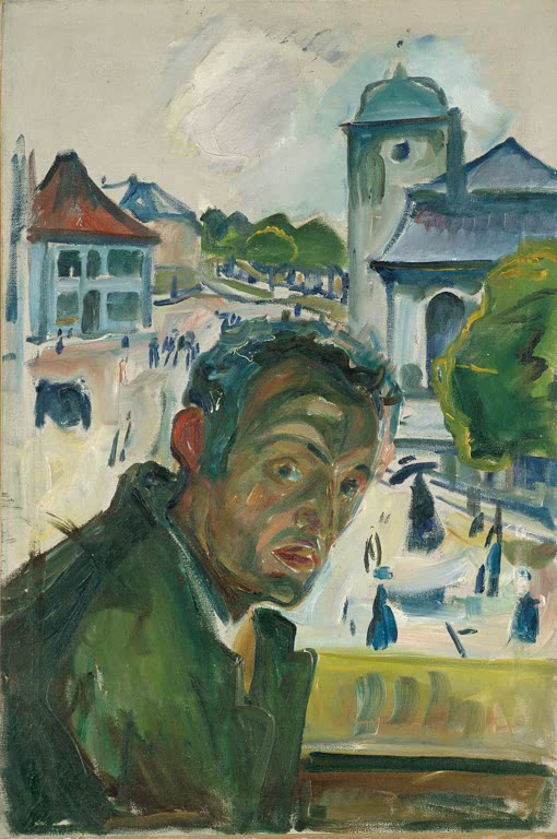 Selbstbildnis eines Mannes im grünen Mantel vor Stadtansicht mit Kirchturm – Edvard Munch Selbstbildnis in Bergen Kunstkopie