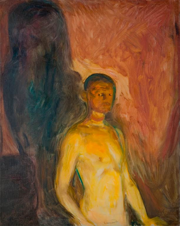 Nackte Gestalt im gelben Licht vor orangerotem Grund – Edvard Munch Selbstbildnis in der Hölle Kunstkopie