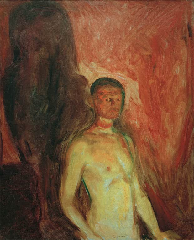 Nackter Mann steht vor rotem Hintergrund mit dunkler Gestalt im Schatten – Edvard Munch Selbstbildnis in der Hölle Kunstkopie