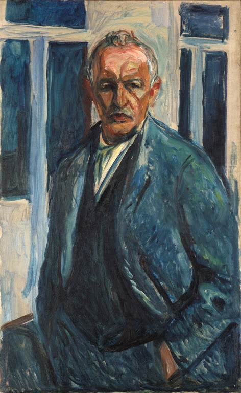 Älterer Mann im blaugrünen Anzug – Edvard Munch Selbstbildnis mit den Händen in den Taschen Kunstkopie