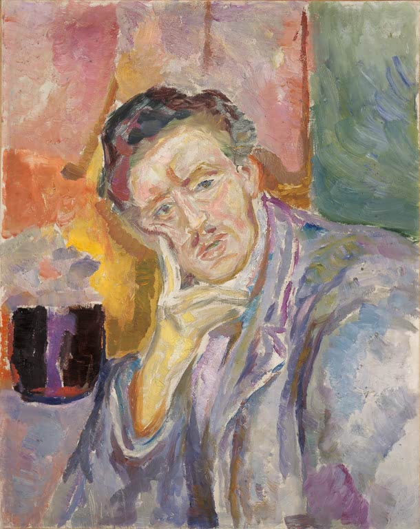 Mann stützt den Kopf in die Hand vor rosa und grünen Flächen – Edvard Munch Selbstbildnis mit Hand unter der Wange Kunstkopie