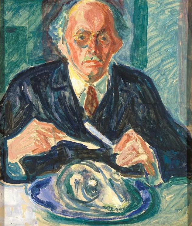 Älterer Mann mit Brille sitzt vor einem Teller mit Fischkopf – Edvard Munch Selbstbildnis mit Kabeljaufisch Kunstkopie
