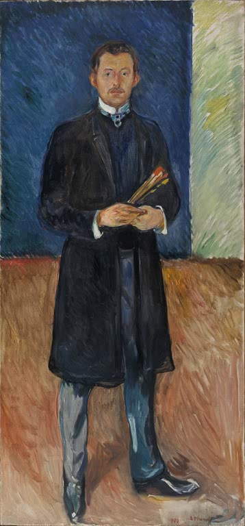 Mann im schwarzen Mantel hält Pinsel, vor blauer Wand – Edvard Munch Selbstbildnis mit Pinseln Kunstkopie