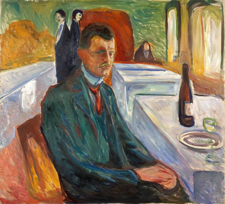 Selbstbildnis des Malers am weiß gedeckten Tisch mit Weinflasche – Edvard Munch Selbstbildnis mit Weinflasche Kunstkopie