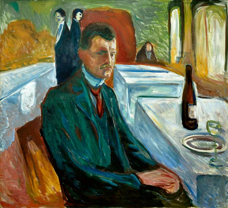 Mann sitzt am gedeckten Tisch mit Weinflasche, hinten zwei Gestalten – Edvard Munch Selbstbildnis mit Weinflasche Kunstkopie
