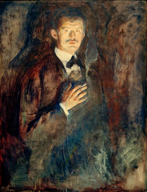 Mann im dunklen Anzug mit Zigarette in der Hand vor dunklem Hintergrund – Edvard Munch Selbstbildnis mit Zigarette Kunstkopie