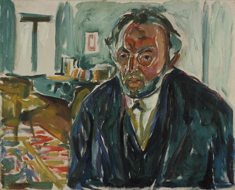 Mann mit Brille und Bart im dunklen Anzug im Atelier – Edvard Munch Selbstbildnis nach der Spanischen Grippe Kunstkopie
