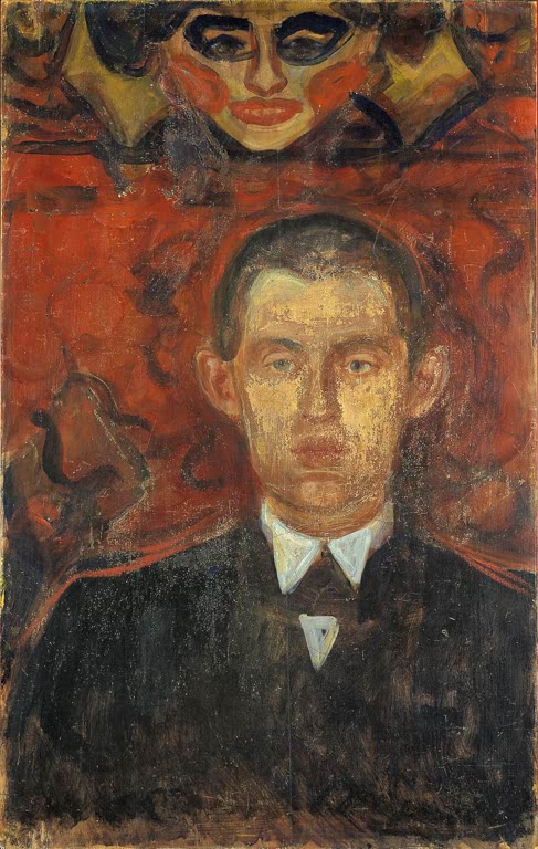 Mann im dunklen Anzug vor rotem Grund mit Frauenmaske – Edvard Munch Selbstbildnis unter der Maske einer Frau Kunstkopie