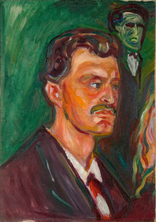 Mann im Profil, dahinter ein grünliches Gesicht – Edvard Munch Selbstbildnis vor grünem Hintergrund Kunstkopie
