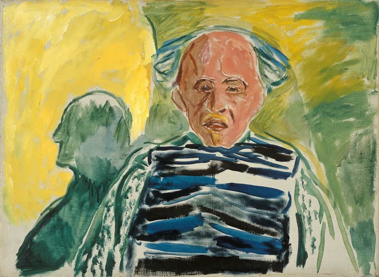 Älterer Mann in gestreiftem Pullover vor gelbem Grund neben grünem Schatten – Edvard Munch Selbstbildnis Kunstkopie