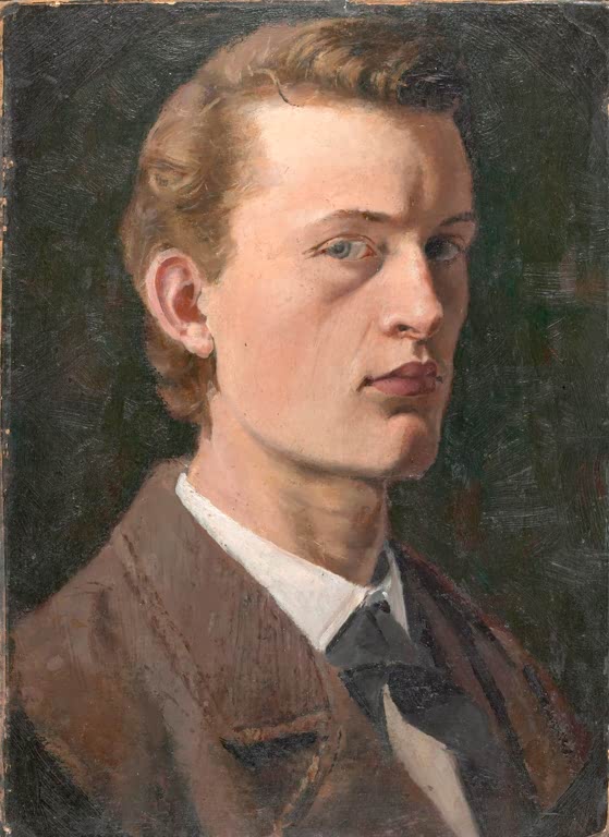 Porträt eines jungen Mannes mit blondem Haar im braunen Jackett – Edvard Munch Selbstbildnis Kunstkopie