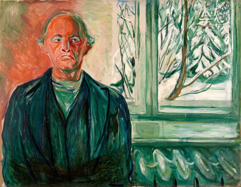 Mann im grünen Mantel vor einem Fenster mit verschneiten Tannen – Edvard Munch Selbstporträt am Fenster Kunstkopie