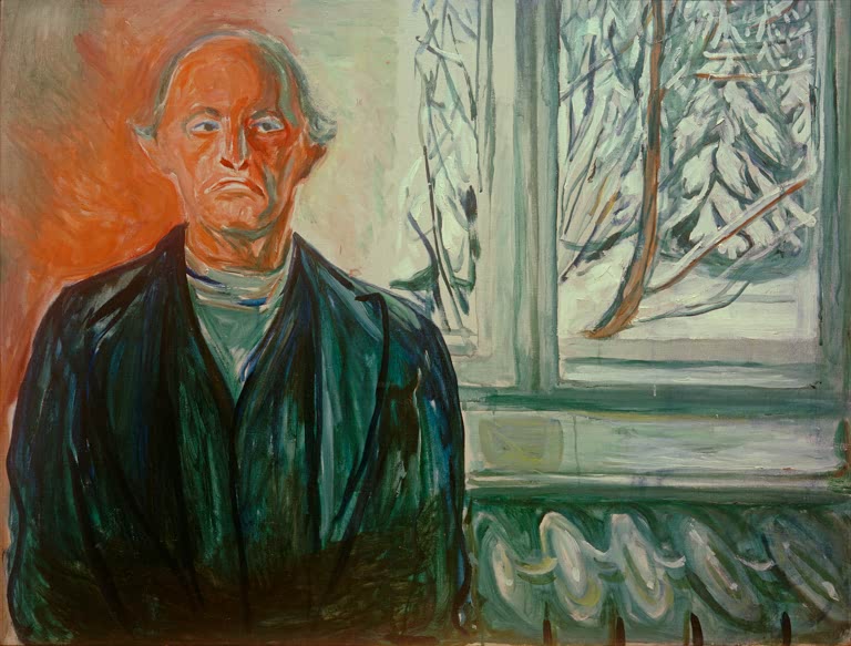 Älterer Mann in dunkler Jacke vor Fenster mit verschneiten Bäumen – Edvard Munch Selbstporträt am Fenster Kunstkopie