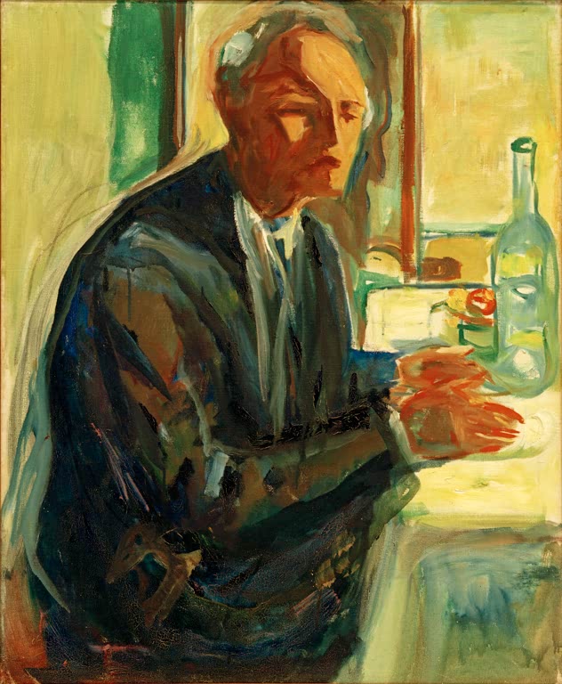 Älterer Mann am Tisch mit Flasche und Glas vor Fenster – Edvard Munch Selbstporträt an der Hochzeitstafel Kunstkopie