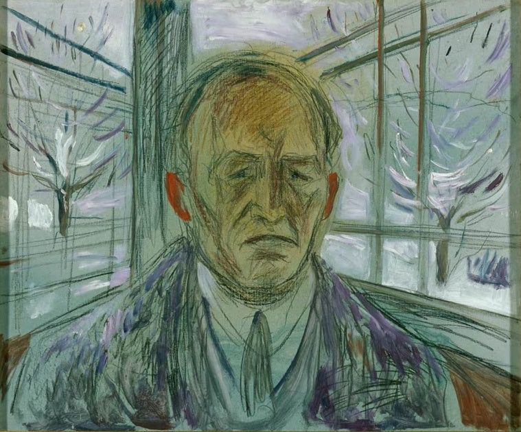 Skizzenhaft gemalter Mann vor Glasveranda und Winterbäumen – Edvard Munch Selbstporträt auf der Glasveranda Kunstkopie