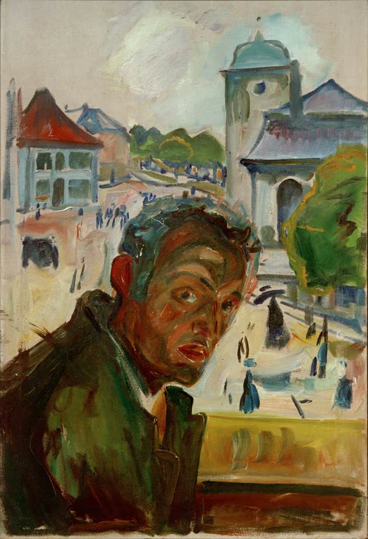 Mann mit grimmigem Blick vor einer Stadtansicht mit Turm und Platz – Edvard Munch Selbstporträt in Bergen Kunstkopie