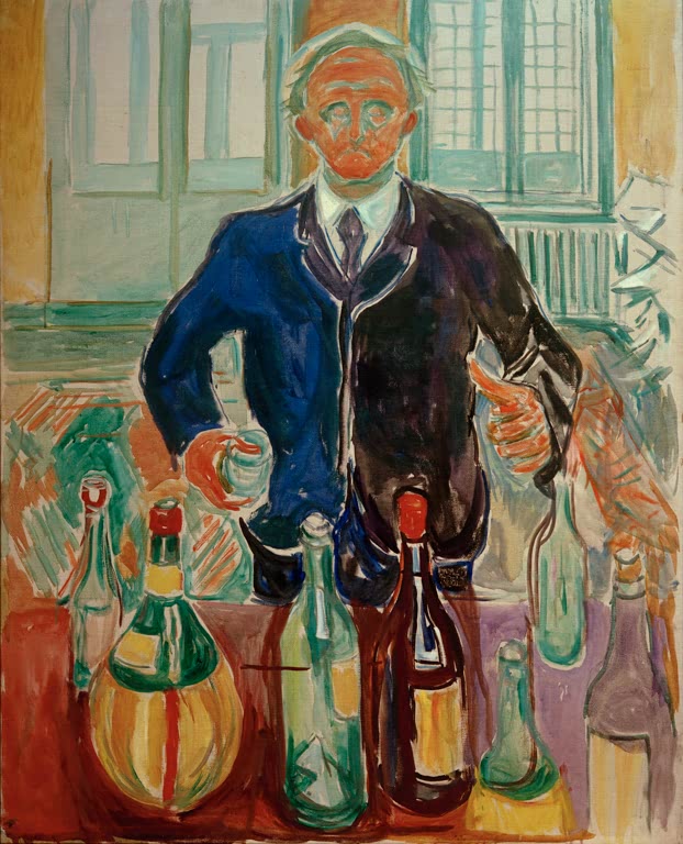 Mann in blauer Jacke hinter Tisch mit Weinflaschen – Edvard Munch Selbstporträt mit Flaschen Kunstkopie