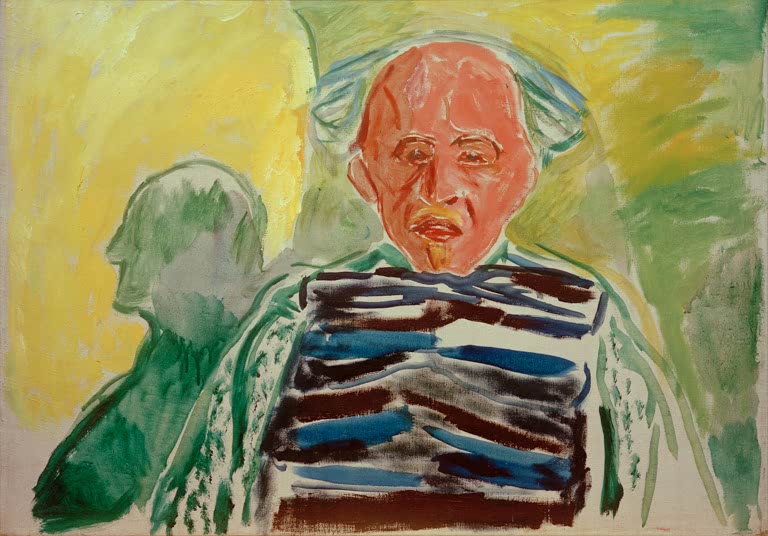 Älterer Mann im gestreiften Pullover vor Gelb – Edvard Munch Selbstporträt mit gestreiftem Pullover Kunstkopie