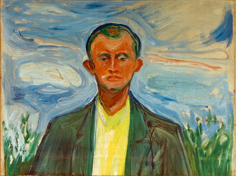 Mann im grünen Jackett mit gelbem Hemd vor blauem Himmel – Edvard Munch Selbstporträt vor blauem Himmel Kunstkopie