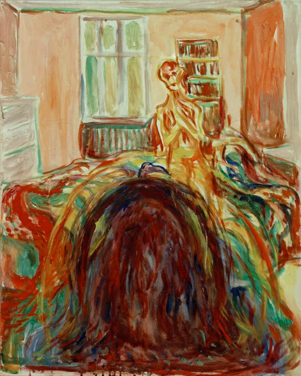Zimmer mit Fenster, davor ein rötlicher Haarschopf – Edvard Munch Selbstporträt während der Augenkrankheit Kunstkopie