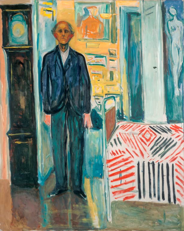 Alter Mann im dunklen Anzug zwischen Standuhr und Bett – Edvard Munch Selbstporträt. Zwischen Uhr und Bett Kunstkopie