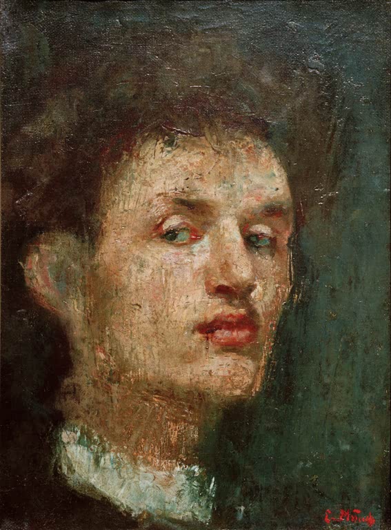 Junger Mann mit dunklem Haar blickt aus dunklem Hintergrund zur Seite – Edvard Munch Selbstporträt Kunstkopie