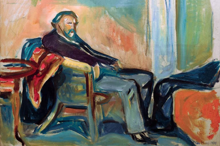 Bärtiger Mann im Korbstuhl vor hellem Fenster in kräftigen Farben – Edvard Munch Selbstportrait nach Influenza Kunstkopie
