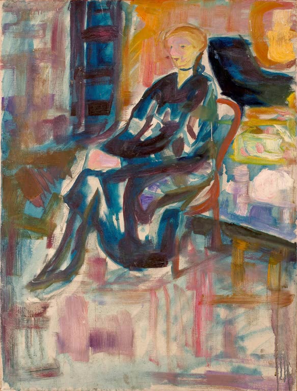 Junge Frau in blau gemustertem Kleid sitzt auf einem Stuhl im farbigen Zimmer – Edvard Munch Sitzende junge Frau Kunstkopie