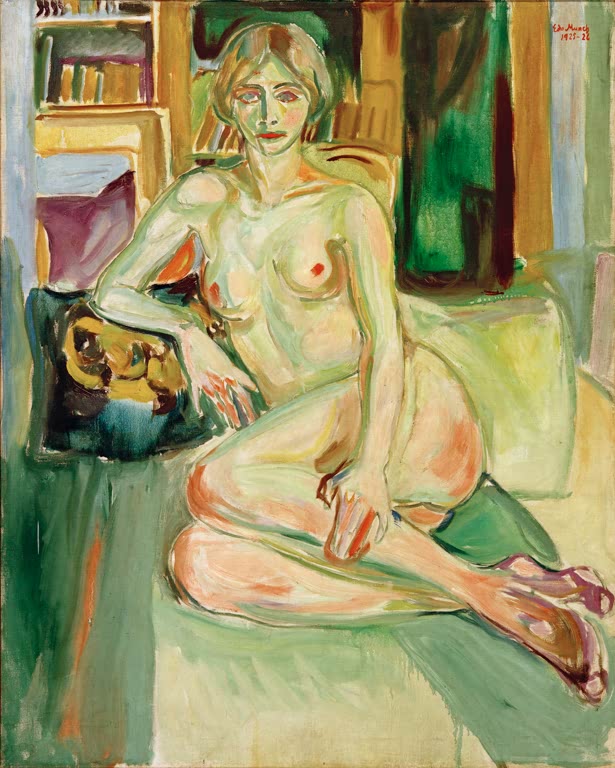 Nackte Frau lehnt auf einem Diwan vor einem Bücherregal – Edvard Munch Sitzender Akt auf dem Diwan, Birgit Prestöe Kunstkopie