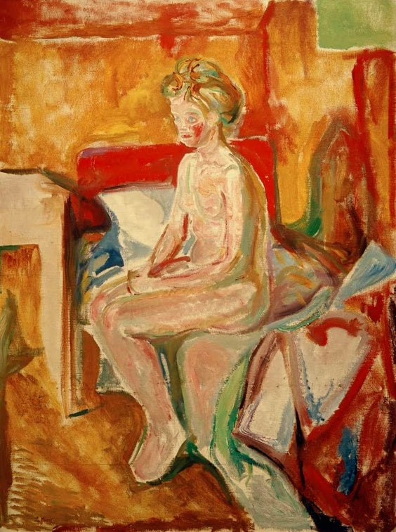 Nackte Frau sitzt auf Bettkante in rot und orange gemaltem Zimmer – Edvard Munch Sitzender Akt auf der Bettkante Kunstkopie