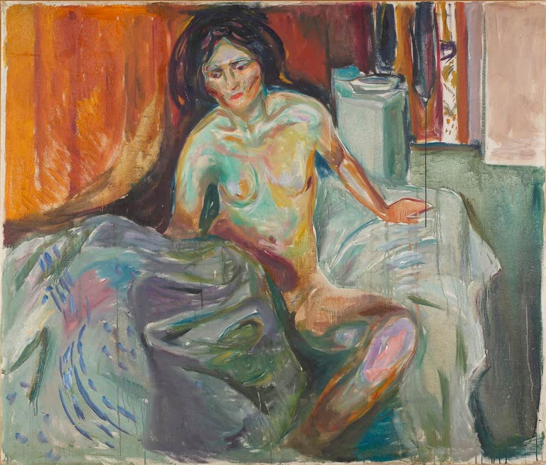 Nackte Frau sitzt auf zerwühltem Bett vor orangeroter Wand – Edvard Munch Sitzender Akt: Morgen Kunstkopie