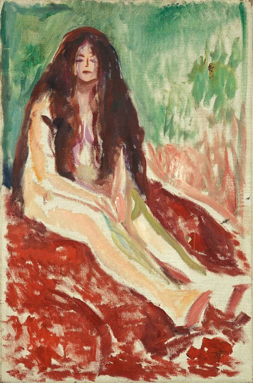 Nackte Frau mit langem braunem Haar sitzt auf rotem Tuch vor grünem Grund – Edvard Munch Sitzender Akt Kunstkopie