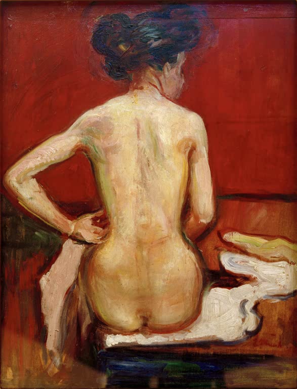Weiblicher Rückenakt vor rotem Grund – Edvard Munch Sitzender Rückenakt vor rotem Hintergrund Kunstkopie