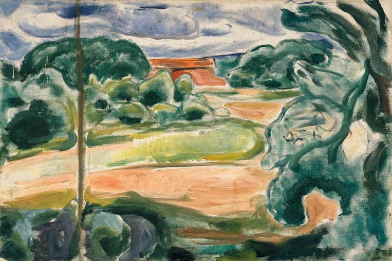 Edvard Munch Sommer in Ekely Kunstkopie, grüne Sommerlandschaft mit Weg und rotem Ziegeldach