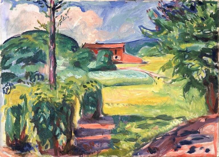 Sommergarten mit grünen Büschen und Bäumen, dahinter ein rotes Haus – Edvard Munch Sommer in Ekely Kunstkopie