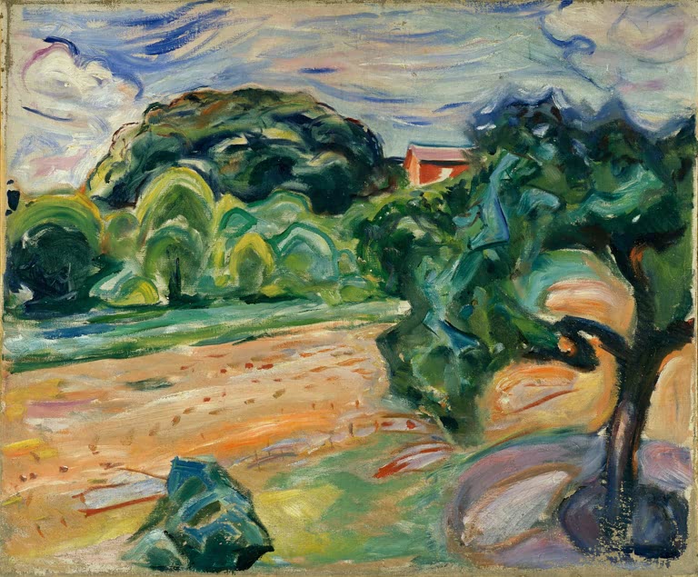 Sommerlicher Garten mit knorrigem Baum und rotem Haus – Edvard Munch Sommer in Ekely Kunstkopie
