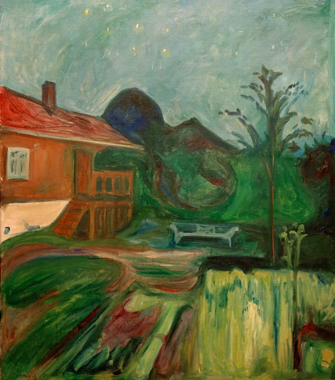 Sommernacht mit Sternenhimmel über rotem Hausdach und Garten – Edvard Munch Sommernacht. Aasgaardstrand Kunstkopie
