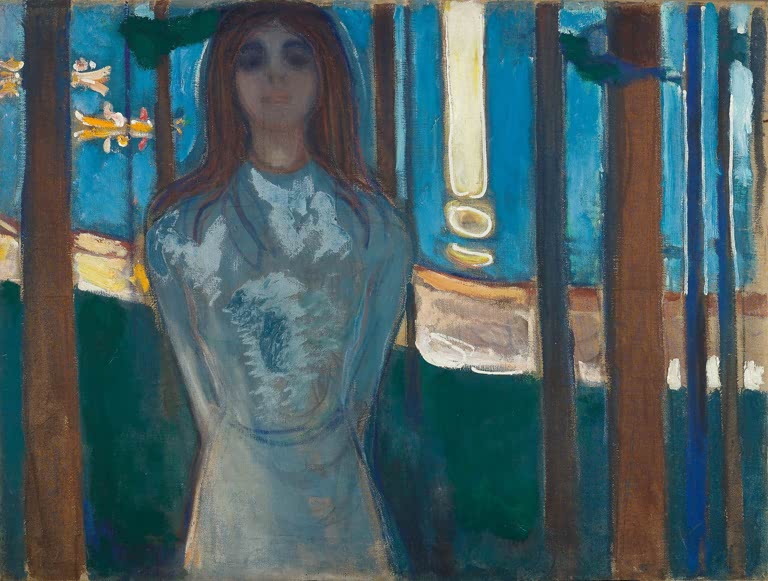 Mädchen in hellblauem Kleid zwischen Baumstämmen vor Meer und Mondlicht – Edvard Munch Sommernacht. Die Stimme Kunstkopie