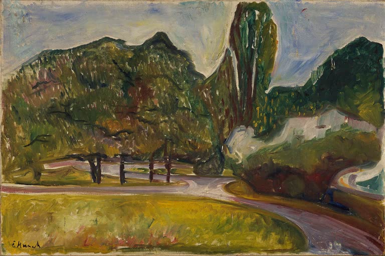 Park mit Bäumen, gewundenem Weg und gelber Wiese in der Sommernacht – Edvard Munch Sommernacht im Studenterlunden Kunstkopie