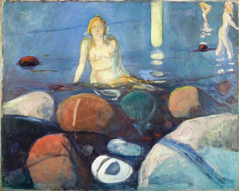 Meerjungfrau im nächtlichen Wasser zwischen großen bunten Steinen – Edvard Munch Sommernacht Meerjungfrau Kunstkopie