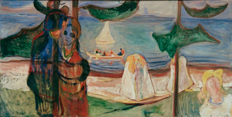 Strandszene mit Segelboot, Frauen in hellen Gewändern und Figurenpaar im Vordergrund – Edvard Munch Sommertag Kunstkopie