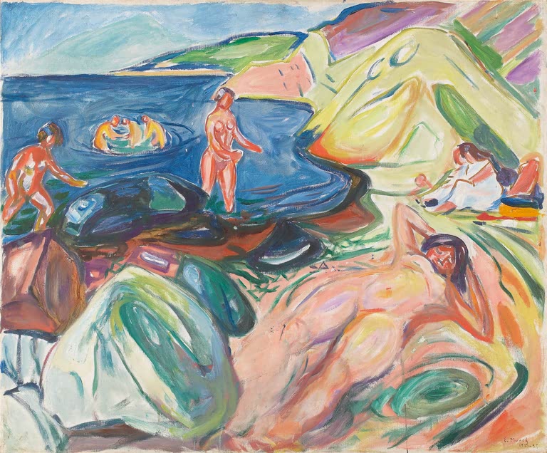 Badende und Sonnenbadende an einer felsigen Bucht mit tiefblauem Wasser – Edvard Munch Sonnenbad Kunstkopie