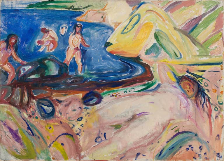 Badende am blauen Wasser und liegende Gestalt auf rosa Felsen – Edvard Munch Sonnenbad Kunstkopie