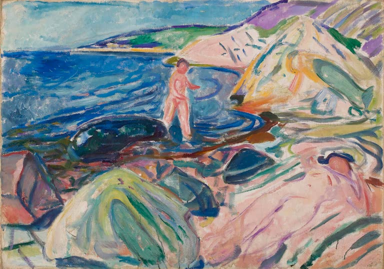 Nackte Gestalt am Ufer zwischen rosa Felsen und tiefblauem Meer – Edvard Munch Sonnenbad Kunstkopie